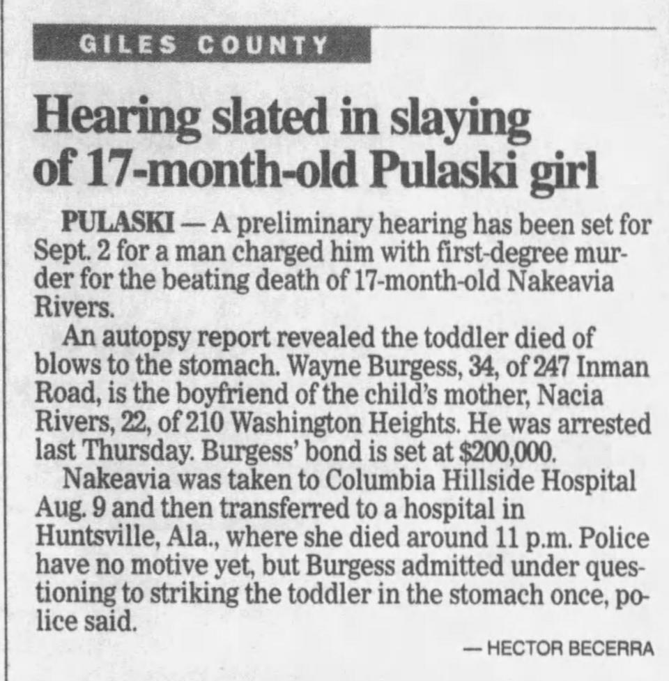 An Aug. 20, 1997, clipping from The Tennessean details the initial findings in the death of Nakeavia Rivers and Wayne Burgess' now-disputed confession.