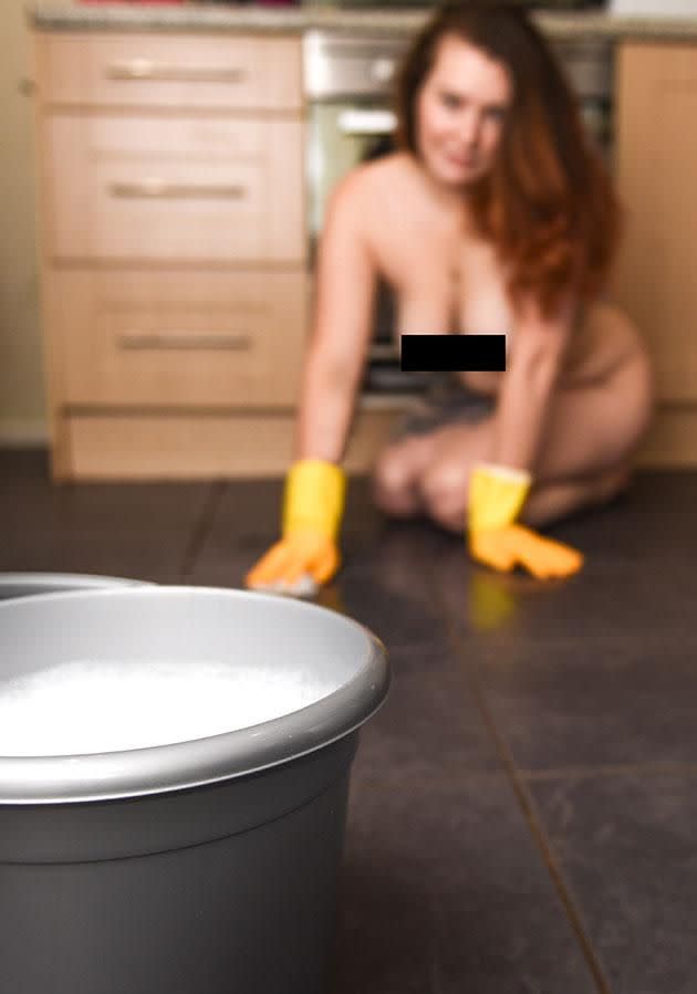 She also scrubs the floors naked. Source: Caters News