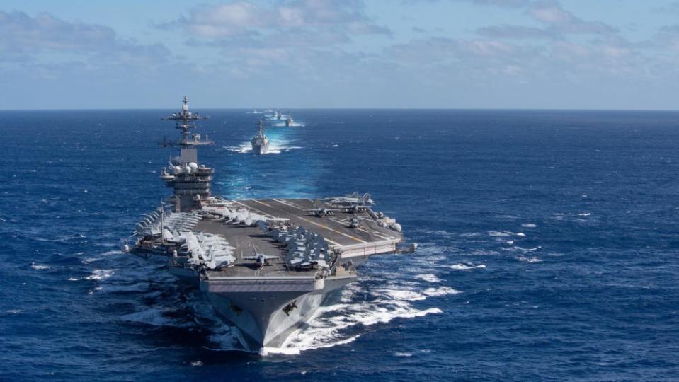 The Theodore Roosevelt Carrier Strike Group transits in formation Jan. 25, 2020. The Theodore Roosevelt Carrier Strike Group is on a scheduled deployment to the Indo-Pacific.