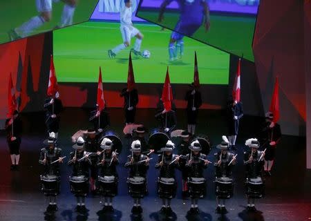 The Top Secret Drum Corps of Switzerland perform during the opening ceremony of the 65th FIFA Congress in Zurich, Switzerland, May 28, 2015. REUTERS/Arnd Wiegmann