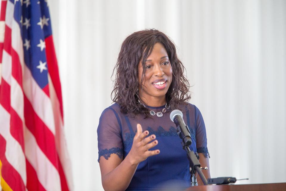 Dr. Ngozi Ezike, director of the Illinois Department of Public Health, gives an acceptance speech on Friday, Nov. 19, 2021, at Rockford University in Rockford, after the university presented her with the 39th Jane Addams Medal for Distinguished Service.