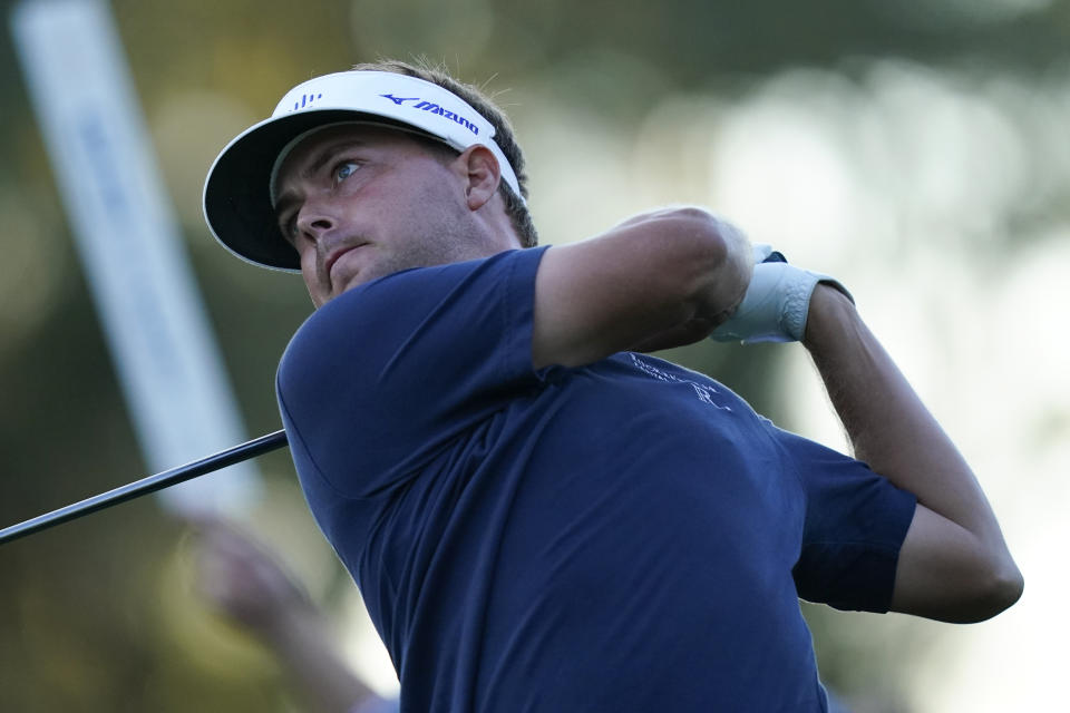 Keith Mitchell hits from the tee on the 16th hole during the first round of play in The Players Championship golf tournament Thursday, March 10, 2022, in Ponte Vedra Beach, Fla. (AP Photo/Gerald Herbert)