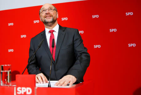 Social Democratic Party (SPD) leader Martin Schulz reacts on first exit polls after the Saarland state elections in Berlin, Germany, March 26, 2017. REUTERS/Hannibal Hanschke