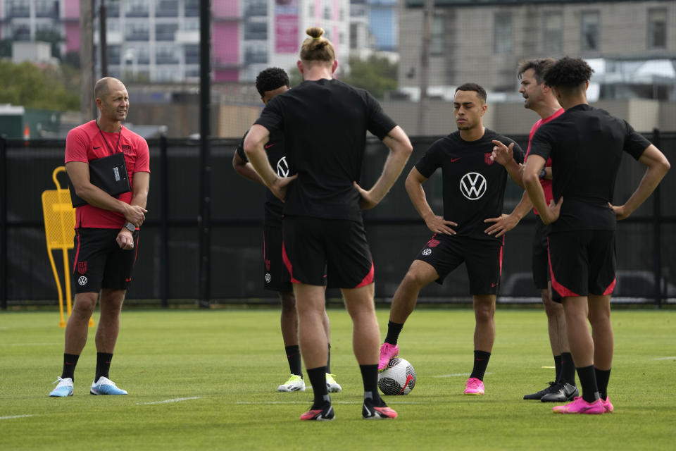 United States men's national soccer team head coach Gregg Berhalter, left, watches practice Monday, Sept. 4, 2023, in St. Louis. The U.S. is set to play a friendly against Uzbekistan this Saturday in St. Louis. (AP Photo/Jeff Roberson)