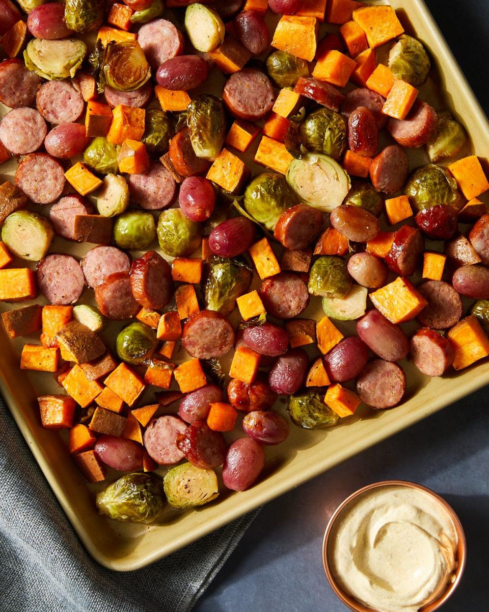 Autumn Kielbasa Sheet Pan Bake With Creamy Curry Dijon Sauce