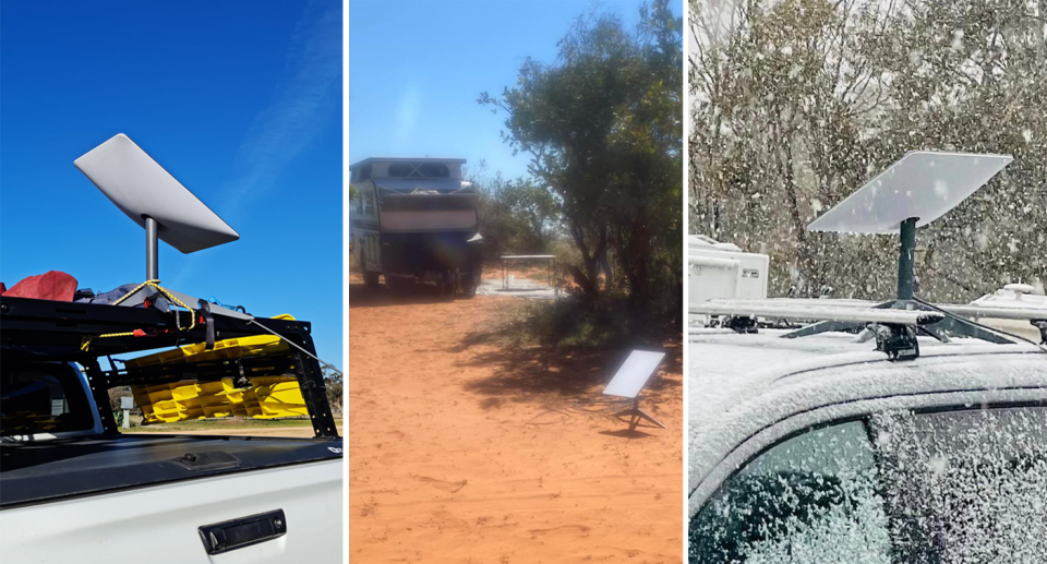 Starlink dishes pictured in the bush, and snow. 