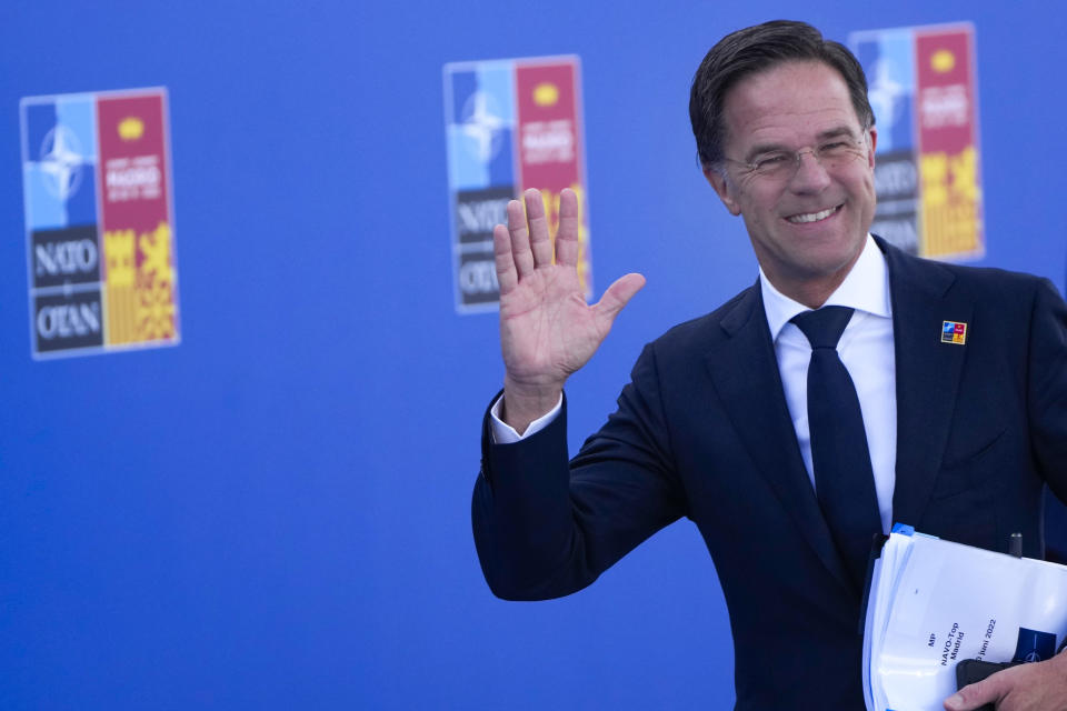 Netherland's Prime Minister Mark Rutte arrives for the NATO summit in Madrid, Spain, on Thursday, June 30, 2022. North Atlantic Treaty Organization heads of state will meet for a NATO summit in Madrid from Tuesday through Thursday. (AP Photo/Manu Fernandez)