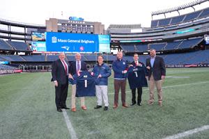 R. Scott Gassett, Vice President of Mass General Brigham Sports Medicine; Dr. Mark Price, Head Team Physician and Medical Director of the New England Patriots; Jim Whalen, Head Athletic Trainer of the New England Patriots; Eric Bengston, Director of Sports Medicine/Head Athletic Trainer of the New England Revolution; Dr. Scott Martin, Medical Director of the New England Revolution; Brian Earley, Vice President & General Manager of Patriot Place. Photo Courtesy: New England Patriots/Eric J. Adler