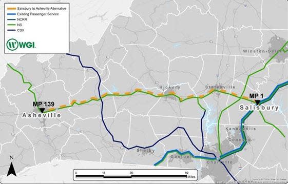 The proposed passenger rail route from Salisbury in the east to Asheville.