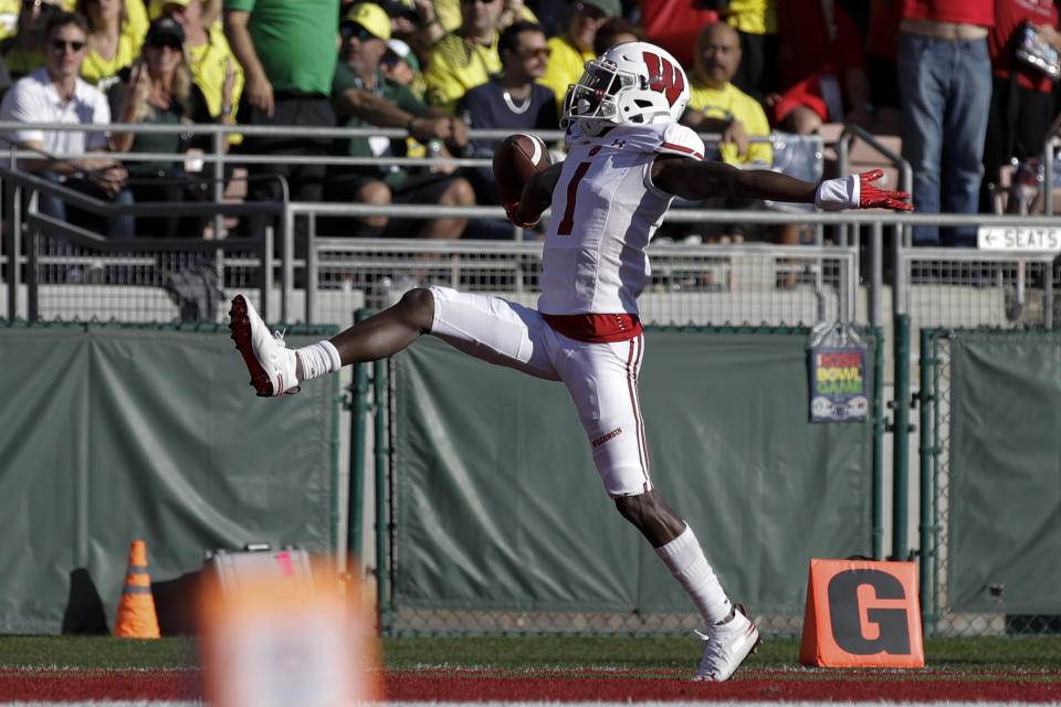 Wisconsin wide receiver Aron Cruickshank celebrates after scoring against Oregon during first half of the Rose Bowl NCAA college football game Wednesday, Jan. 1, 2020, in Pasadena, Calif. (AP Photo/Marcio Jose Sanchez)