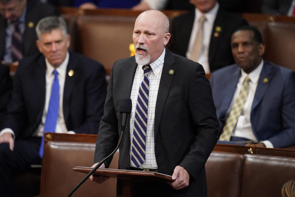 Rep. Chip Roy, R-Texas, nominates Rep. Byron Donalds, R-Fla., in the House chamber as the House meets for a second day to elect a speaker and convene the 118th Congress in Washington, Wednesday, Jan. 4, 2023. (AP Photo/Alex Brandon)