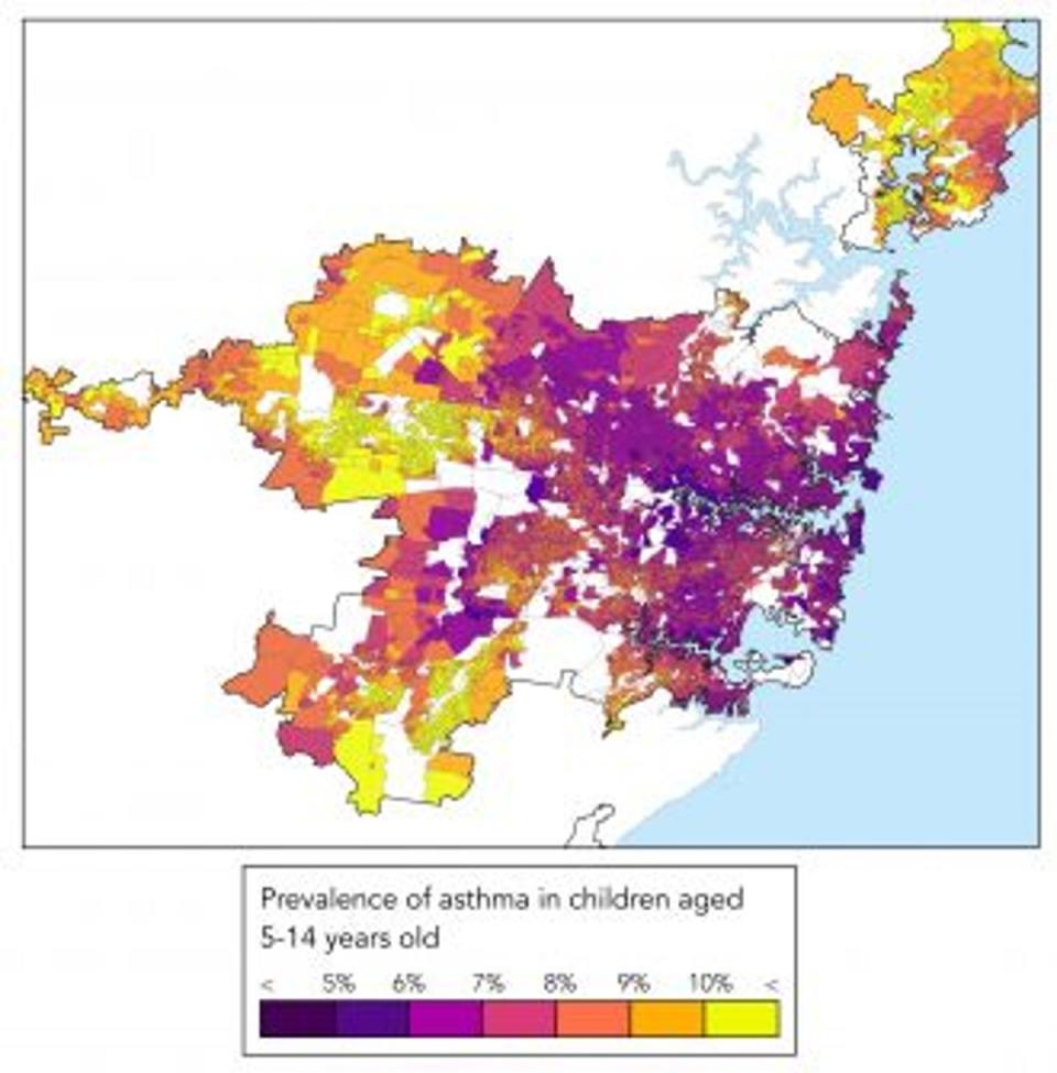 Researchers mapped each block with the rate of asthma cases in children between 5-14 years of age. Most areas within the Sydney’s inner city are in purple and pink, showing lower case burden while outer suburban regions are in orange and yellow showing higher case burden (Telethon Kids Institute)