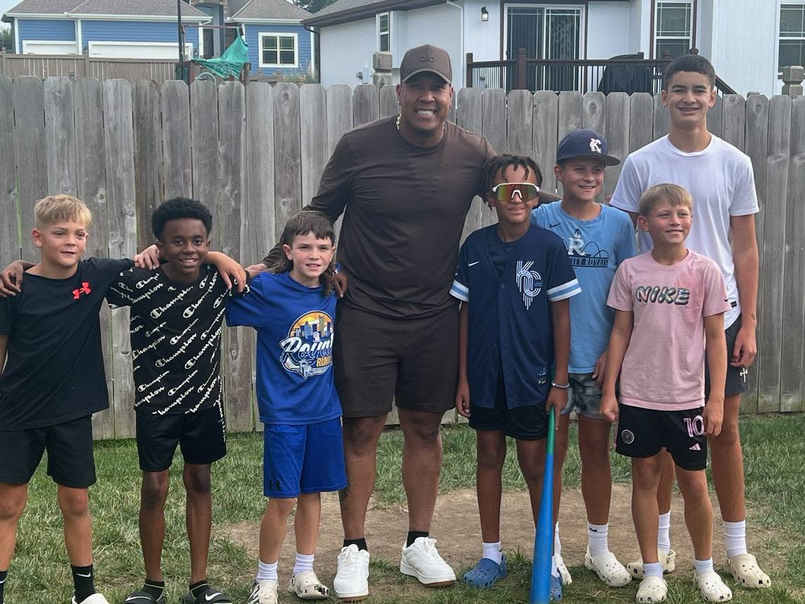 Royals captain Salvador Perez joined in a neighborhood Wiffle ball game Thursday night.