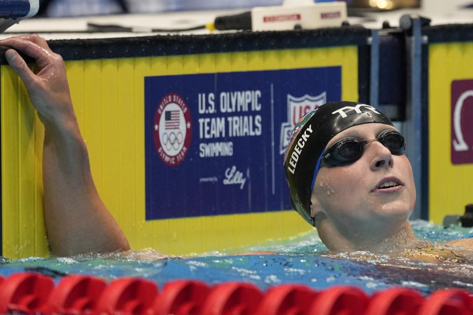 Katie Ledecky reacts after winning the Women's 800 freestyle finals Saturday, June 22, 2024, at the US Swimming Olympic Trials in Indianapolis. (AP Photo/Michael Conroy)