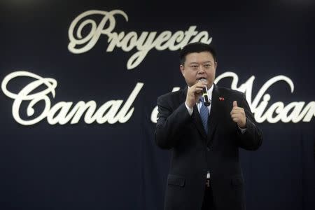 HK Nicaragua Canal Development Investment Co Ltd (HKND Group) chairman Wang Jing, whose company is heading the project for the construction and management of a canal passing through Lake Nicaragua, speaks during a discussion group with students from the National Engineering University in Managua, July 7, 2014. REUTERS/Oswaldo Rivas