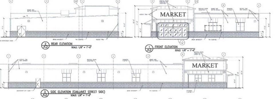 A rendering shows the exterior of a grocery store proposed on Division and Caillavet streets in Biloxi, with a brick and hardie board exterior.