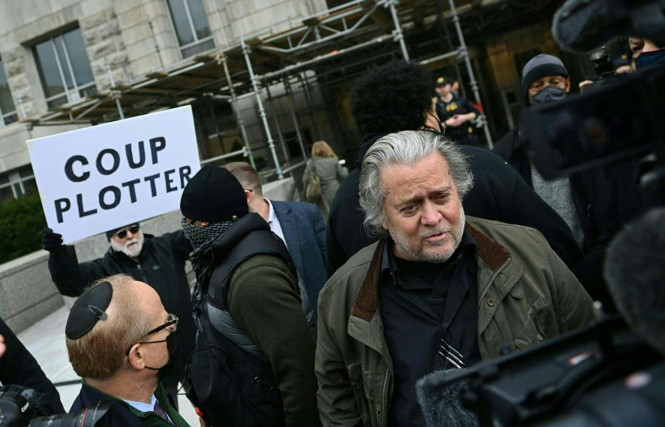 Steve Bannon arrives at the FBI's Washington office on Monday for a court appearance after refusing to cooperate with a congressional investigation into the Jan. 6 attack on the U.S. Capitol.