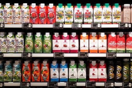 Assorted of fruit and tea drinks are displayed in a new beauty store "...le drugstore parisien" by French supermarket retailer Casino and beauty products group L'Oreal in Paris, France, June 22, 2018. REUTERS/Benoit Tessier