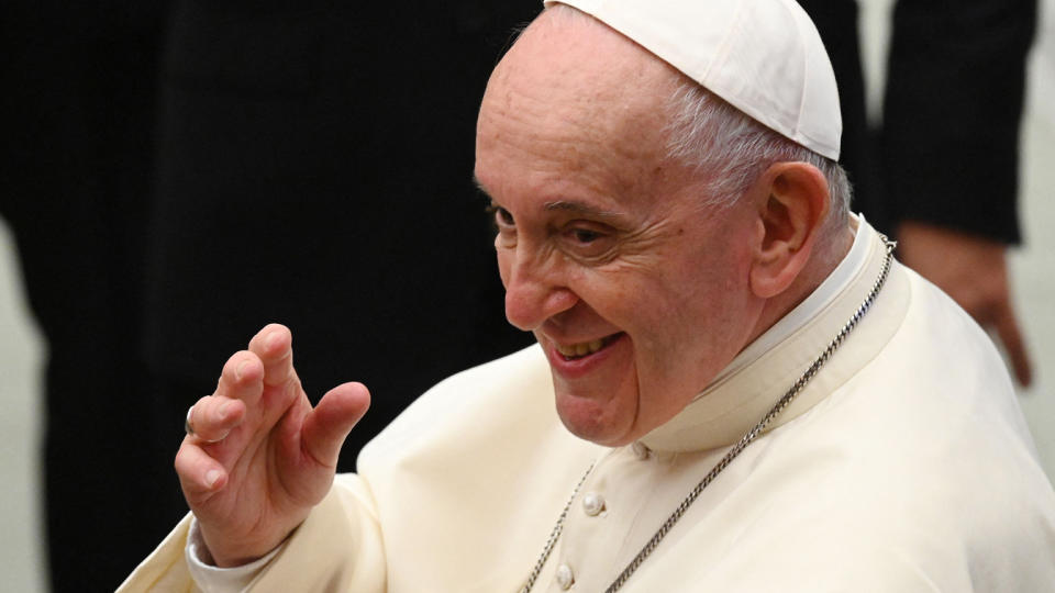 Pope Francis waves at the end of his weekly general audience on September 29, 2021 in the Paul VI hall at the Vatican. (Vincenzo Pinto/AFP via Getty Images)