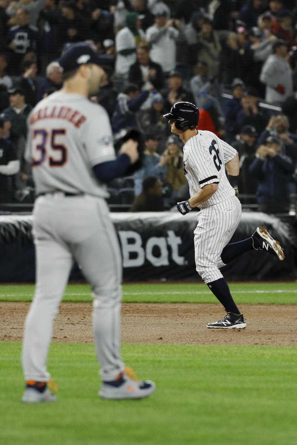 New York Yankees' DJ LeMahieu rounds the bases after a home run off Houston Astros starting pitcher Justin Verlander during the first inning in Game 5 of baseball's American League Championship Series Friday, Oct. 18, 2019, in New York. (AP Photo/Matt Slocum)