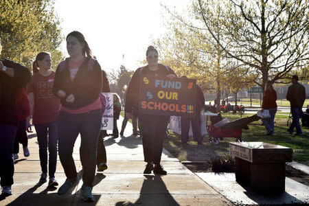 Teachers arrive at the the state Capitol for the second day of a teacher walkout to demand higher pay and more funding for education in Oklahoma City, Oklahoma, U.S., April 3, 2018. REUTERS/Nick Oxford