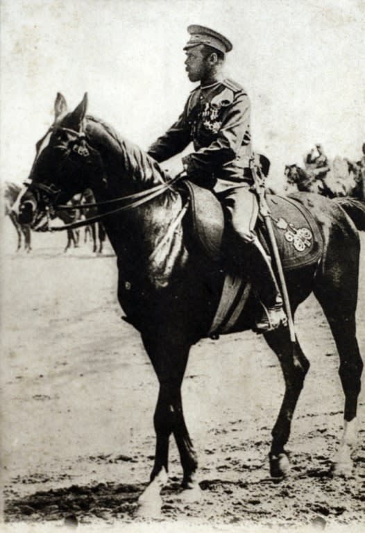 Tsar Nicolas II, Emperor of Russia, Grand Duke of Finland and titular King of Poland, reviews troops in Poland during the World War I