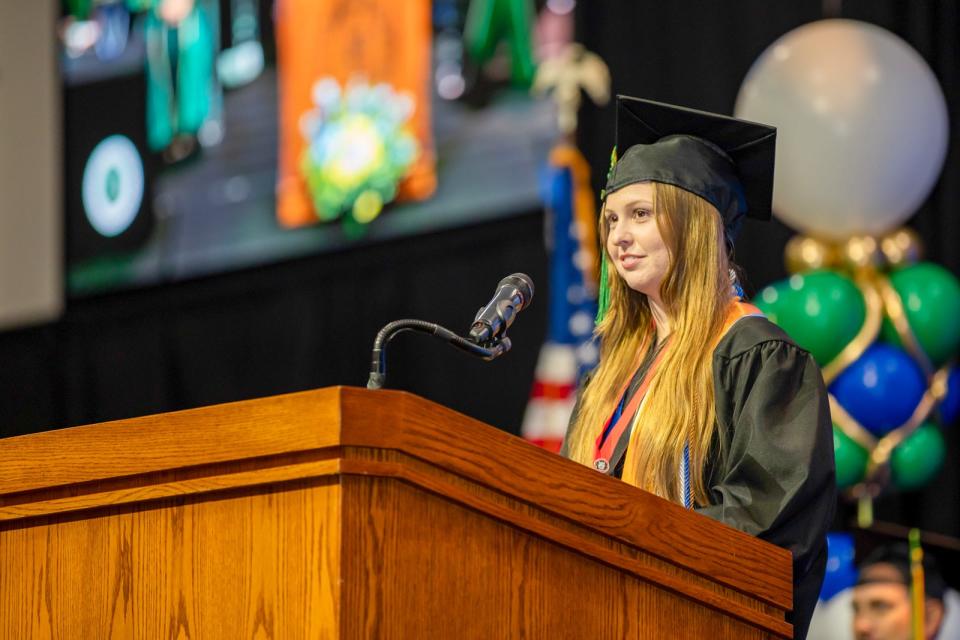 Graduate, Order of the Lakehawk honoree Taylor Ford provides some words of inspiration at the Lake-Sumter State College 2024 commencement ceremony.