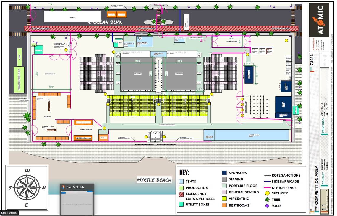 A map of the 2024 World’s Strongest Man seating and restroom facilities. Attendees with tickets will have seating with a few of the competition.