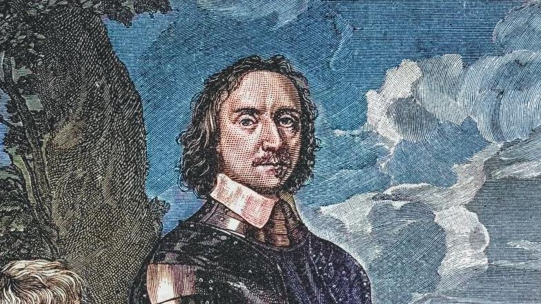 Artist's drawing of Oliver Cromwell wearing armour next to a tree