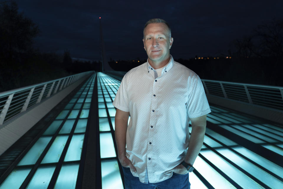 Shasta County Supervisor Kevin Crye poses for a photo on the Sundial Bridge in Redding, Calif., Wednesday, Feb. 21, 2024. Crye is one of the supervisors who voted to get rid of the county's ballot-counting machines in favor of counting ballots by hand. Crye, a supporter of former President Donald Trump, says he has questions about the county's election process. He says Democrats was to recall him from office to make the Board of Supervisors more liberal. (AP Photo/Rich Pedroncelli)