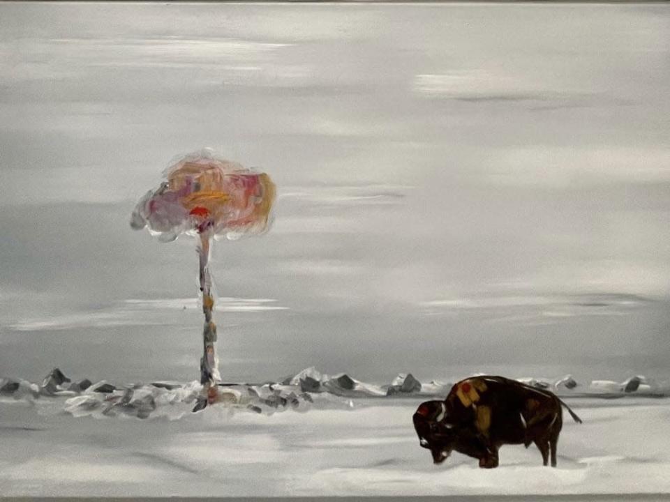 Manifest Buffalo: A Bison Dream Future 4 is one of the paintings in Adrian Stimson's current exhibition in London, England. (Adrian Stimson - image credit)