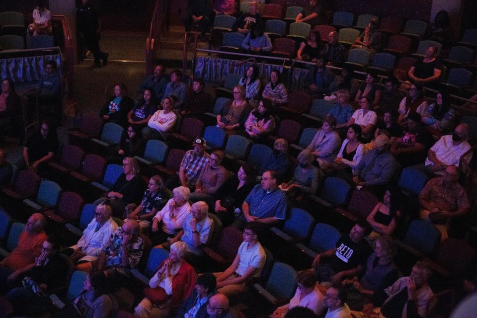 A small crowd of event goers listen to Beto O'Rourke speak during an event on Oct. 20, 2023, at New Mexico State University.