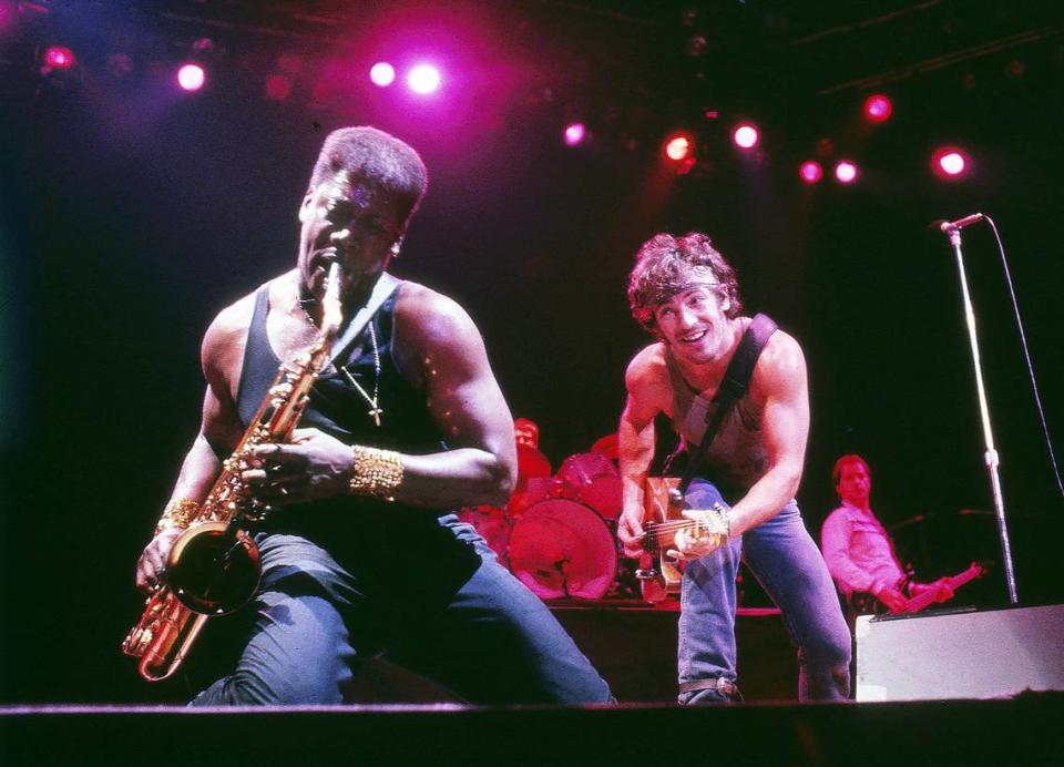 Bruce Springsteen watched Clarence Clemons play the saxophone during a December 11, 1984 concert before 23,000 fans in Rupp Arena in Lexington. Clemons, a prominent member of the E Street Band, died in 2011 of a stroke.