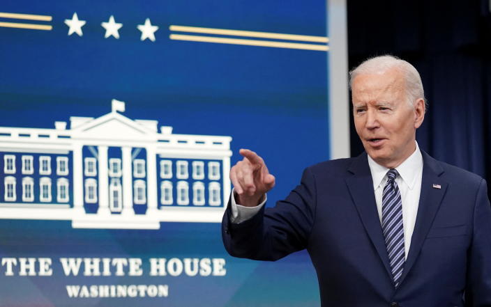 President Biden takes a question at the White House.