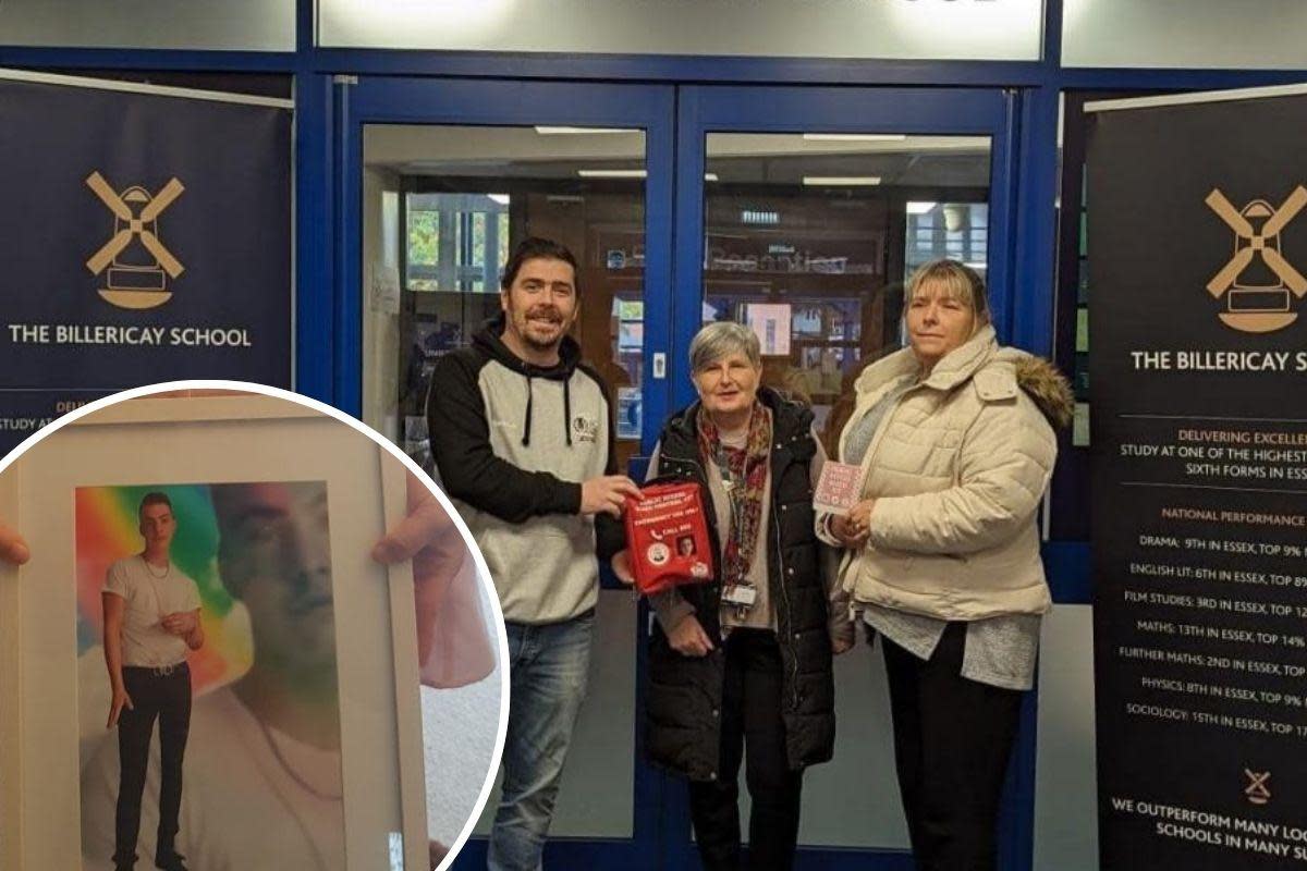 Remembered - Julie Taylor (Right) presents a a critical bleed kit to The Billericay School, (inset) her grandson Liam Taylor who died aged 19 after he was stabbed <i>(Image: Submitted)</i>