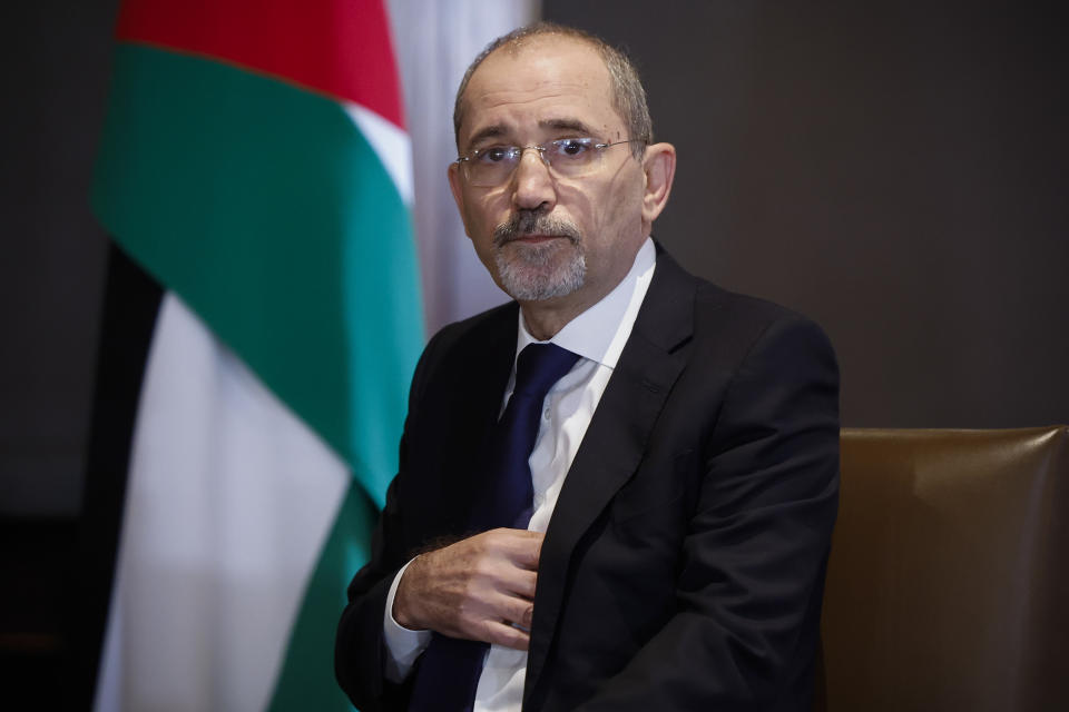 Jordanian Foreign Minister Ayman Safadi looks on during his meeting with U.S. Secretary of State Antony Blinken in Amman, Jordan Sunday, Jan. 7, 2024. (Evelyn Hockstein/Pool Photo via AP)