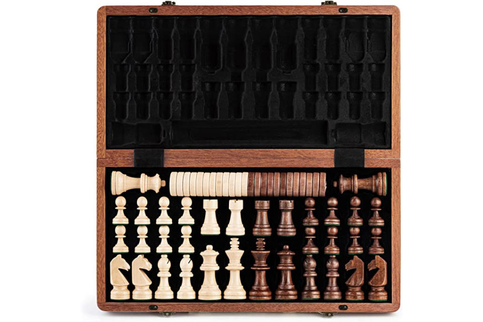 A&A 15 inch Folding Wooden Chess & Checkers Set w/ 3