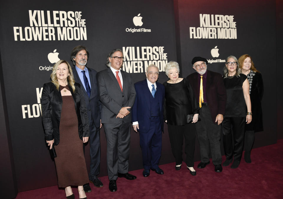 Jacqueline West, from left, Jack Fisk, Rodrigo Prieto, Martin Scorsese, Thelma Schoonmaker, Mark Ulano, Ellen Lewis and Rene Haynes attend the Apple Original Film premiere of "Killers of the Flower Moon" at Alice Tully Hall on Wednesday, Sept. 27, 2023, in New York. (Photo by Evan Agostini/Invision/AP)