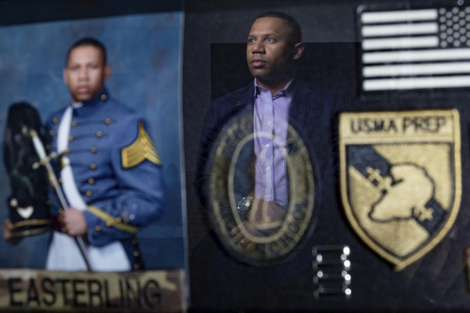 FILE - Retired Army Capt. Geoffrey Easterling is photographed at his home in Atlanta, on Thursday, Nov. 18, 2021. Eight years after he graduated from the U.S. Military Academy at West Point, Easterling remains astonished by the Confederate history still memorialized on the storied academy's campus. (AP Photo/Ben Gray, File)