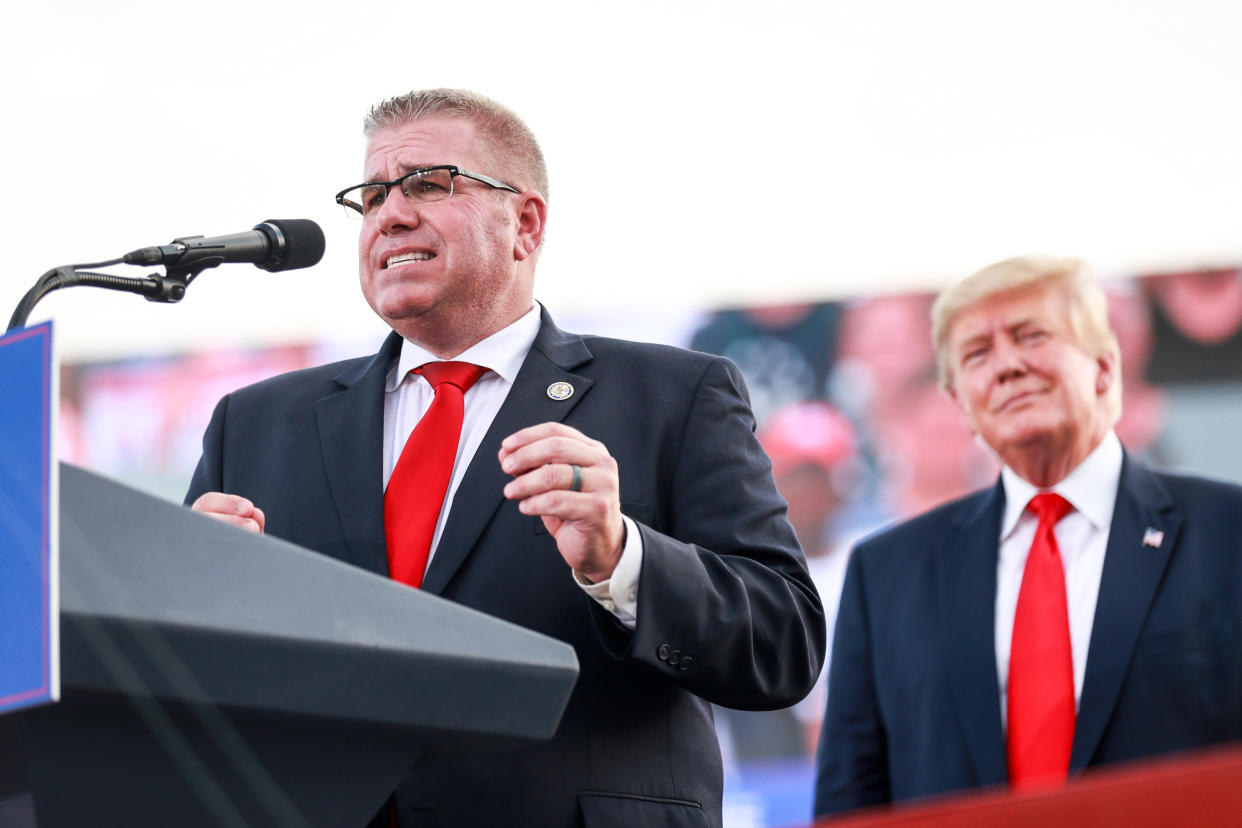 Illinois gubernatorial hopeful Darren Bailey speaks after receiving an endorsement from former President Donald Trump on June 25, 2022, in Mendon, Ill. (Michael B. Thomas / Getty Images)