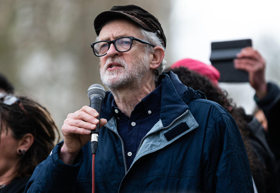 Jeremy Corbyn speaks against the Police, crime and Sentencing Bill in Parliament Square, London, England on  3rd April 2021. (Photo by Tejas Sandhu/MI News/NurPhoto via Getty Images)