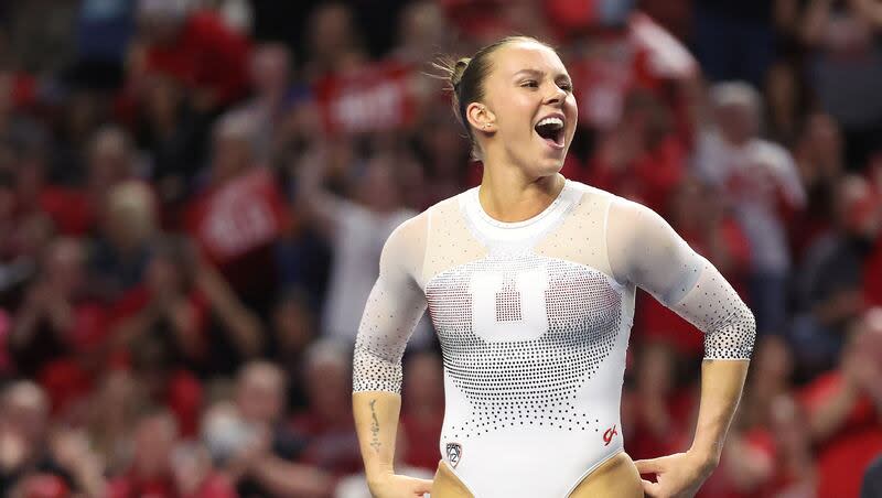 Maile O’Keefe celebrates her floor routine during the Pac-12 gymnastics championships at the Maverik Center in West Valley City on Saturday, March 23, 2024. O'Keefe became Utah's record holder for perfect 10s in a career, with 15 perfect routines.