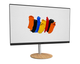 monitor with gold stand and paint brush strokes as a background