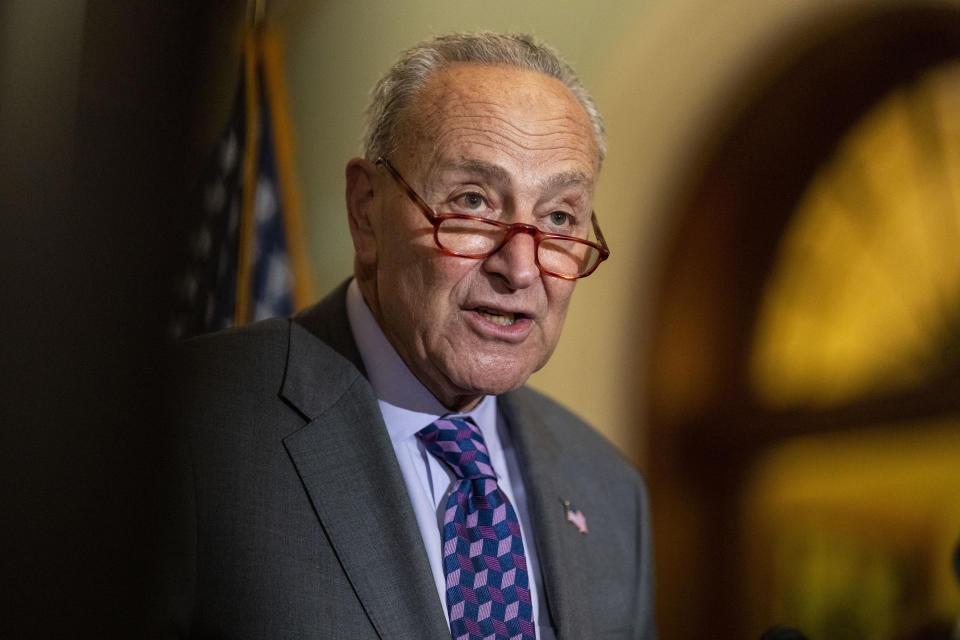 Senate Majority Leader Chuck Schumer attends a news conference on Capitol Hill on Tuesday, May 10, 2022. / Credit: Kent Nishimura / Los Angeles Times via Getty Images