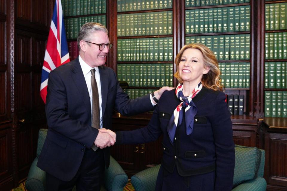 LONDON, ENGLAND - MAY 8: Opposition Labour Party leader Keir Starmer greets Natalie Elphicke, MP for Dover, after her defection from the Conservative Party, in the House of Commons on May 8, 2024 in London, England. The Conservative MP for Dover defected to the Labour Party today saying her former party has become "a byword for incompetence and division". (Photo by Carl Court/Getty Images)