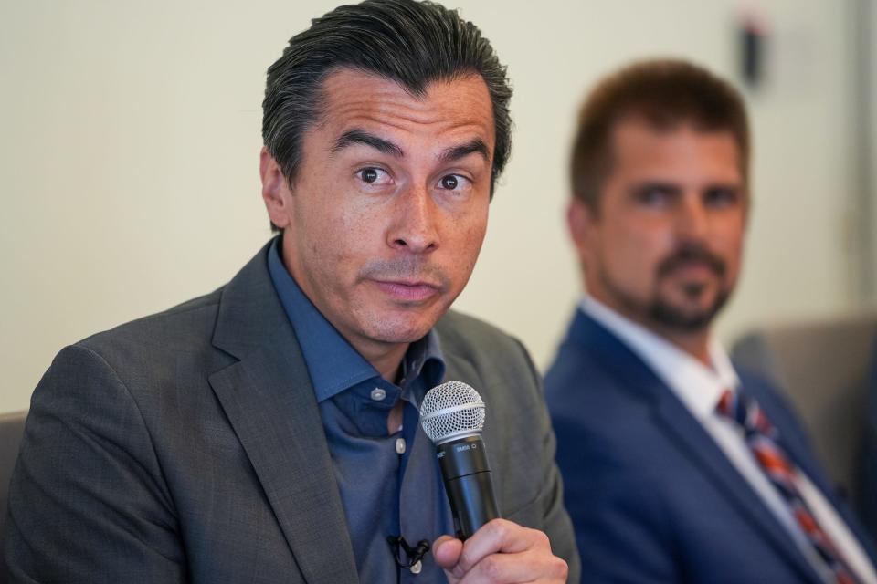 Marco Lopez answers questions about Arizona's economy during a forum with Arizona's gubernatorial candidates hosted by National Association of Women Business Owners at the Esplanade on June 15, 2022, in Phoenix.