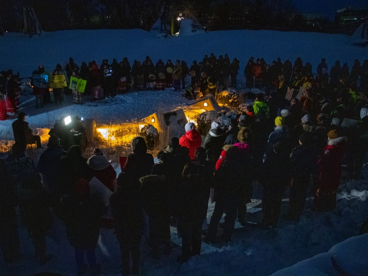 Advocate Tobi Jolly said she was moved to hear people shout Buffalo Woman's name at a vigil in Winnipeg on Sunday to honour missing and murdered Indigenous people. (Chelsea Kemp/CBC - image credit)