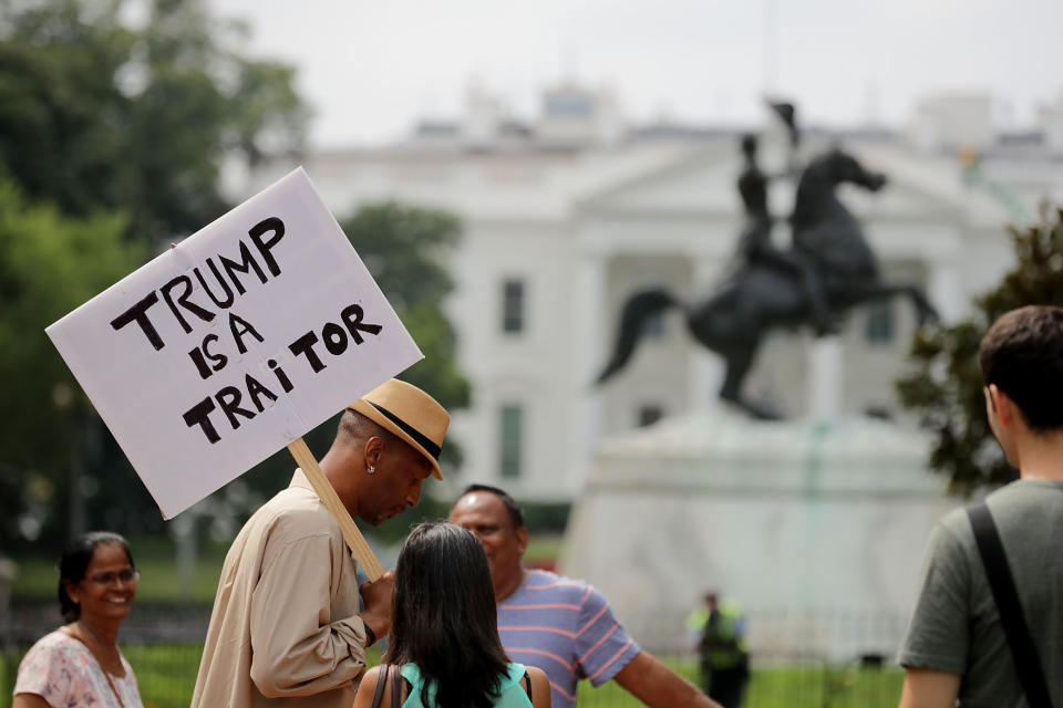 <p>Counter-demonstrators begin to assemble in Lafayette Park rally across from the White House ahead of the planned white supremacist Unite the Right rally August 12, 2018 in Washington, DC. Thousands of protesters are expected to demonstrate against the “white civil rights” rally, which was planned by the organizer of last yearÕs deadly rally in Charlottesville, Virginia. (Photo: Chip Somodevilla/Getty Images) </p>