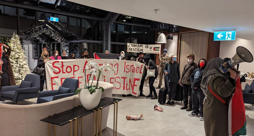 Pro-Palestine protest at Melbourne Docklands hotel. 