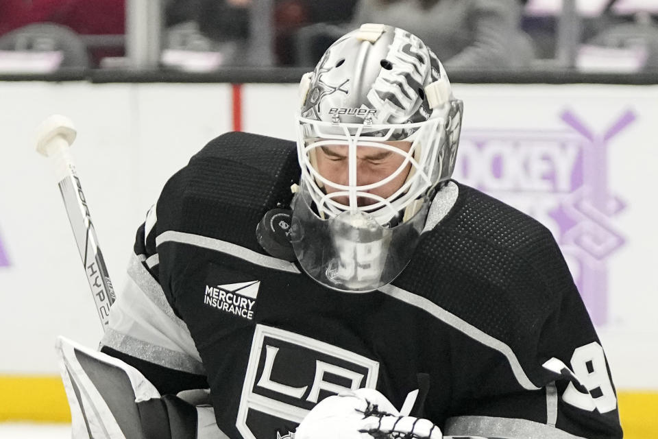 Los Angeles Kings goaltender Cam Talbot stops a shot during the first period of an NHL hockey game against the Florida Panthers Thursday, Nov. 16, 2023, in Los Angeles. (AP Photo/Mark J. Terrill)